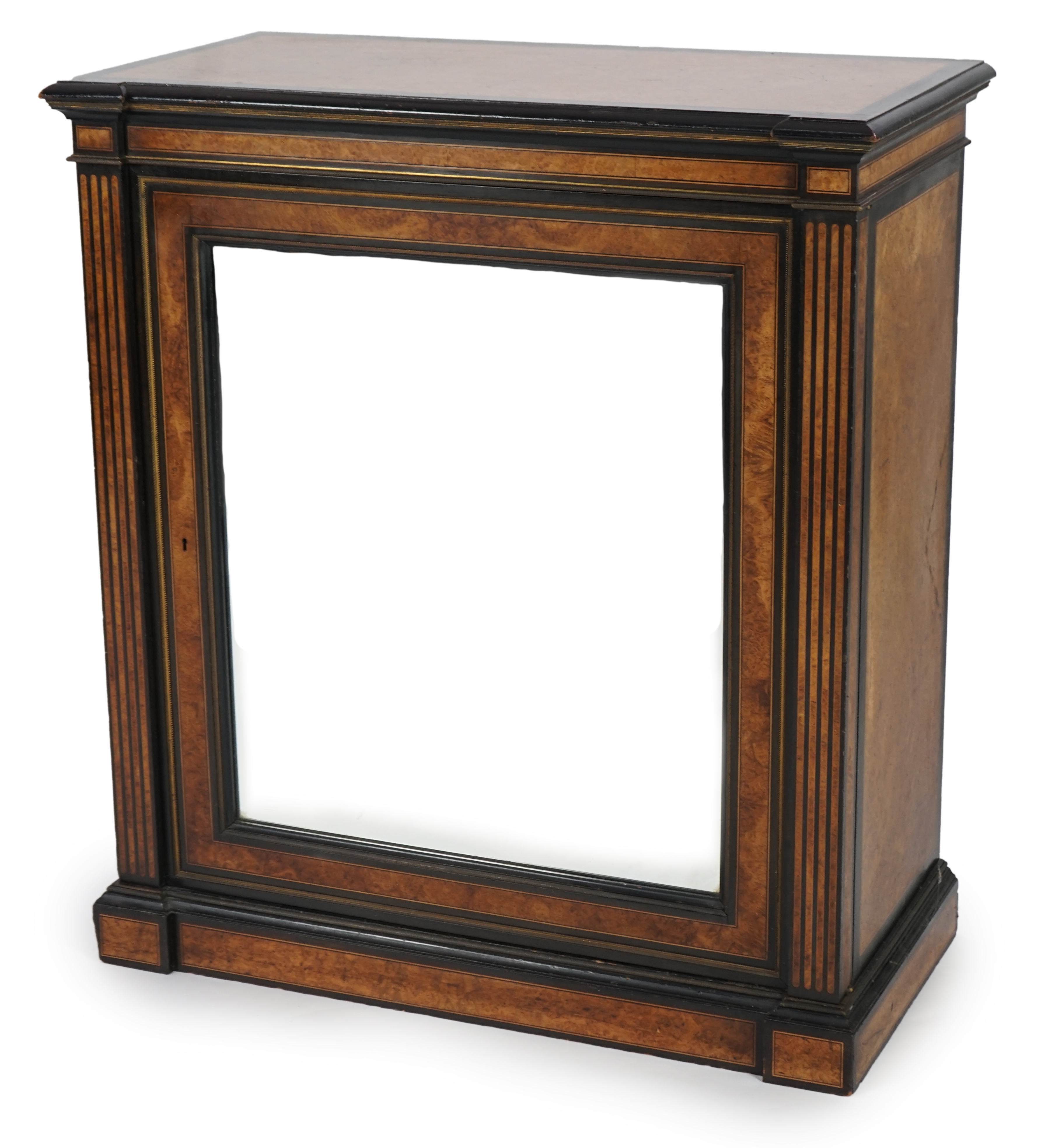 A Victorian ebony banded amboyna wood collector's cabinet, by Holland & Sons, with inverted breakfront top and single mirrored door enclosing four frieze and two banks of thirteen graduated drawers fitted with recessed b